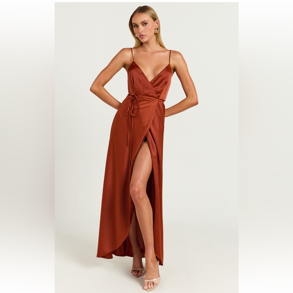 Satin copper wrap dress